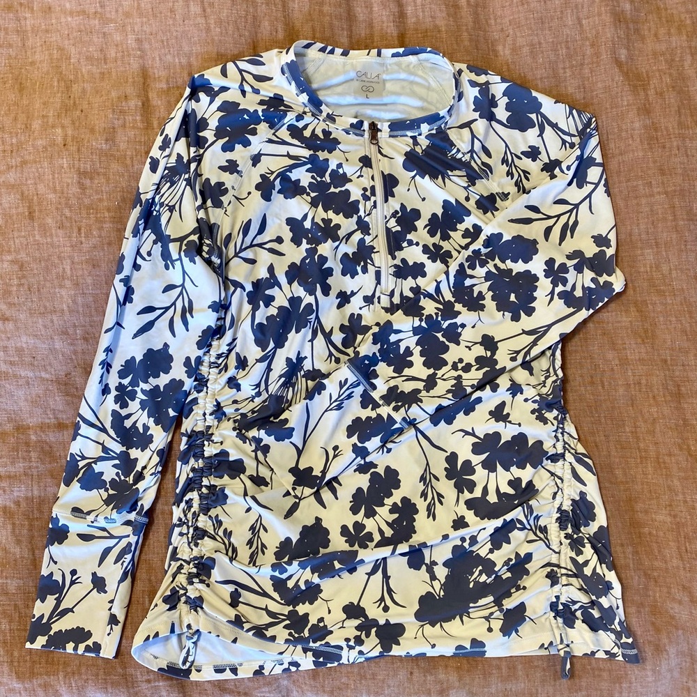 EUC Calia Slate Blue and Cream 1/4 Zip Long Sleeve Sun shirt.